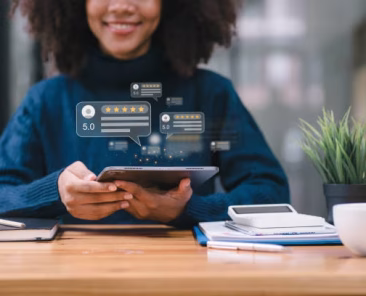 African American customer providing five satisfaction ratings. Customer service evaluation concept