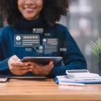 African American customer providing five satisfaction ratings. Customer service evaluation concept